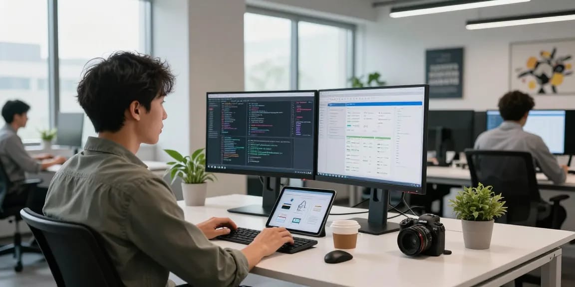 Developer actively working at a modern desk with dual monitors on the WPS Official Website.