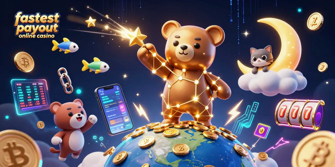 Experience the excitement of the fastest payout online casino with a vibrant 3D digital scene of stars, coins, and crypto elements.