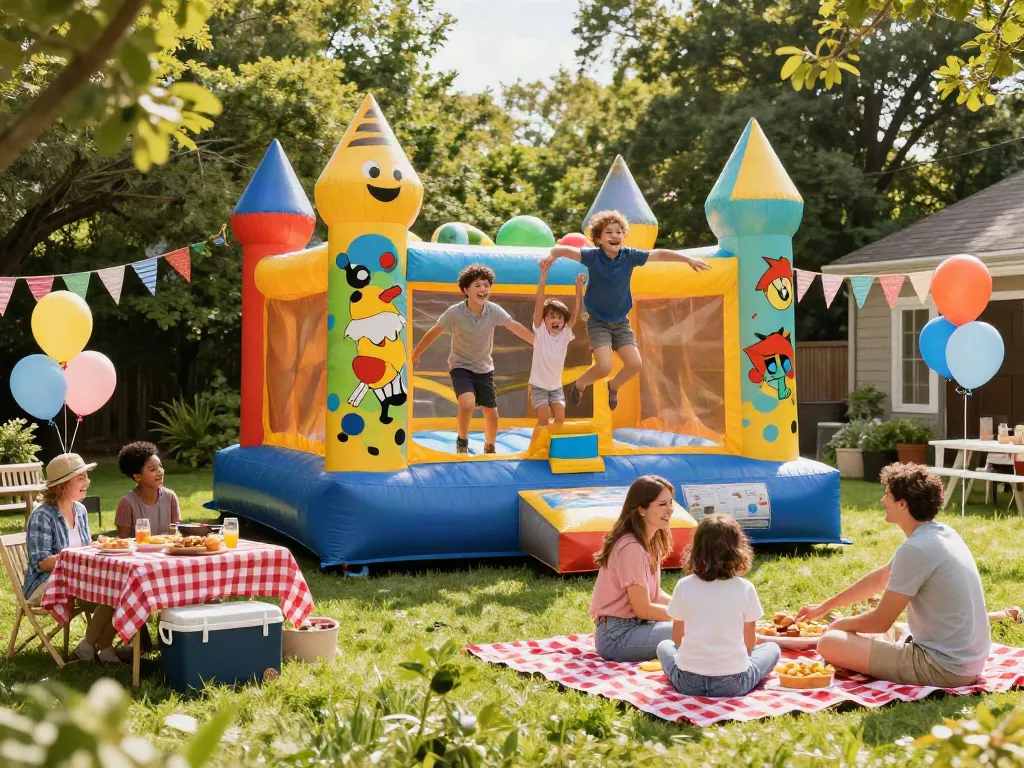 Kids having fun in a bounce castle at a sunny backyard party.