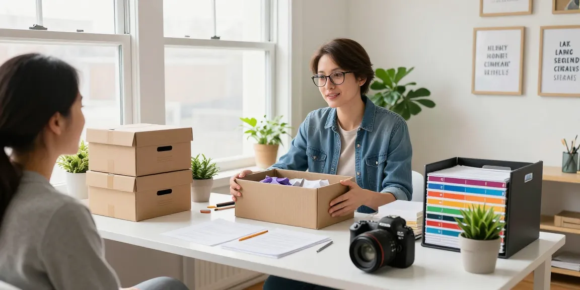 Professional home organizer ottawa assisting client in a bright, organized home office.