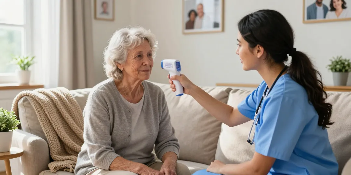 Caregiver checking an elderly patient's temperature with a thermometer in a cozy living room.