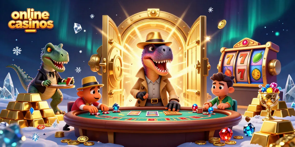 Experience thrilling online casinos with a clever velociraptor card counter at a blackjack table, surrounded by dynamic casino elements.