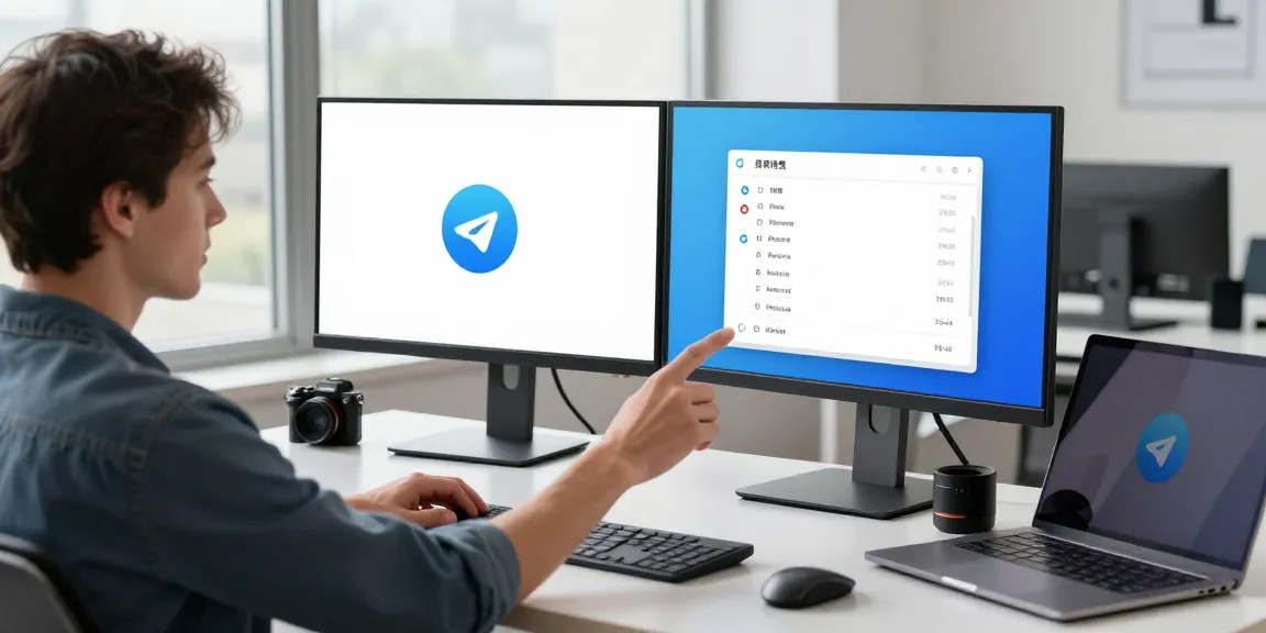 Adjusting Telegram Chinese language settings on a modern dual-monitor setup in a tech office.