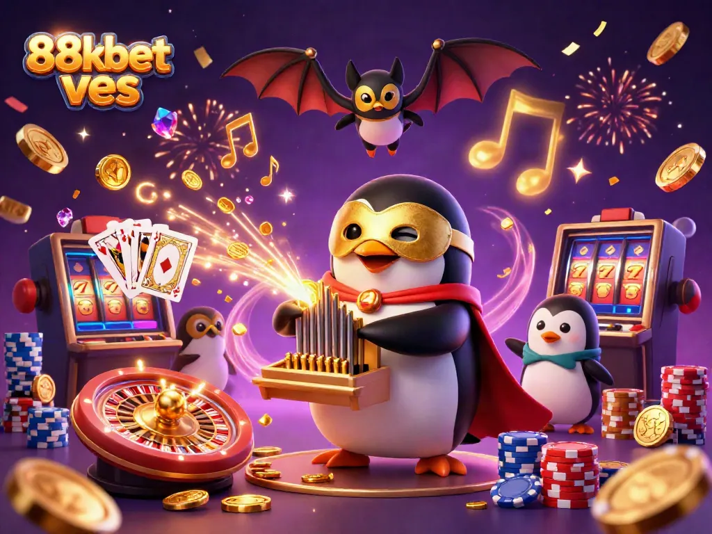 Experience gaming excitement with 88kbet ves as coins cascade from a whimsical pipe organ in a vibrant casino scene.