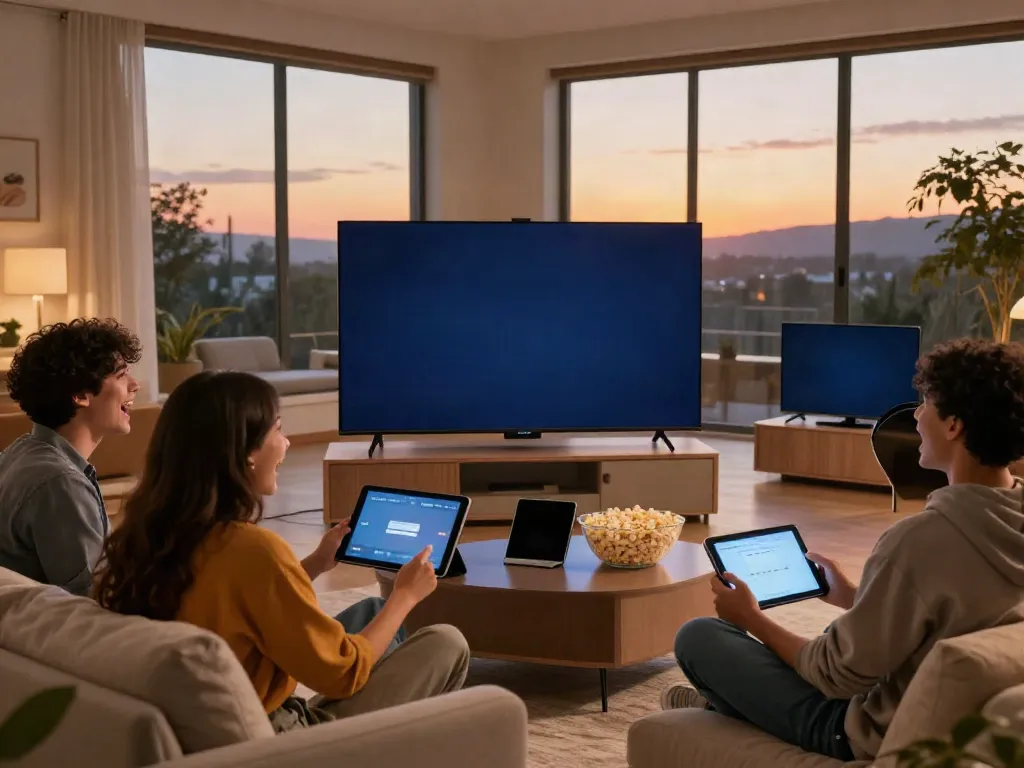 Friends enjoying a movie night using the Filmyzilla app on a large TV in a cozy living room, showcasing www.filmyzilla.media.