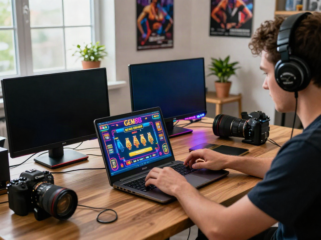 Exciting GEM88 online gaming experience with a player at the laptop and colorful devices.