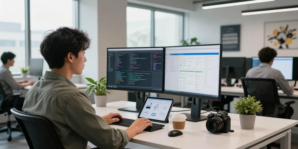 Developer actively working at a modern desk with dual monitors on the WPS Official Website.