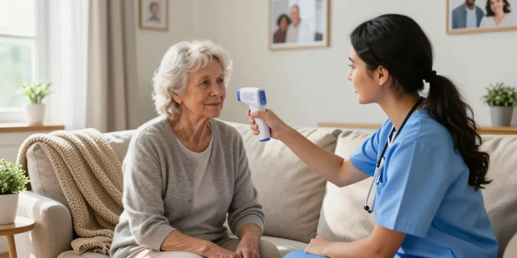 Caregiver checking an elderly patient's temperature with a thermometer in a cozy living room.